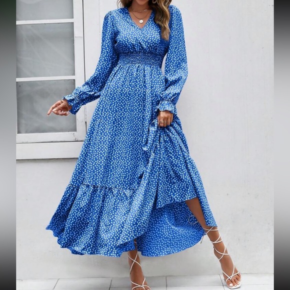 Boho polka dots flounce sleeve ruffle hem maxi dress fall - Picture 5 of 6